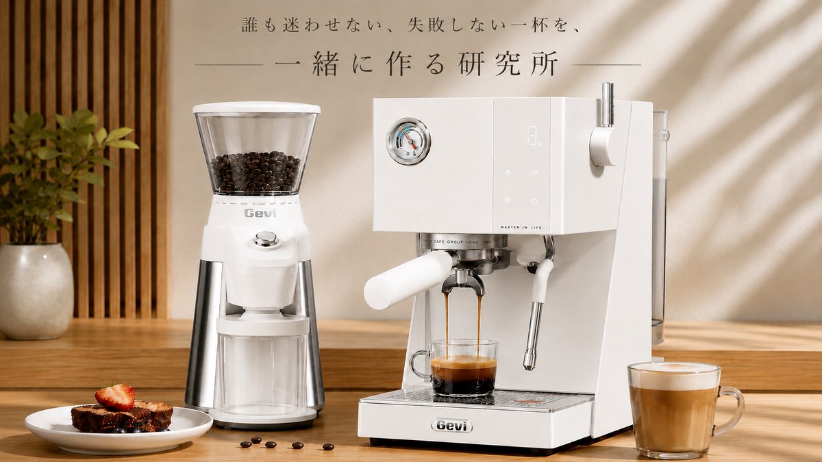Gevi ECMN0 と Gevi 特製グラインダー・抽出中エスプレッソとカフェラテ 誰も迷わせない、失敗しない一杯を、一緒に作る研究所
